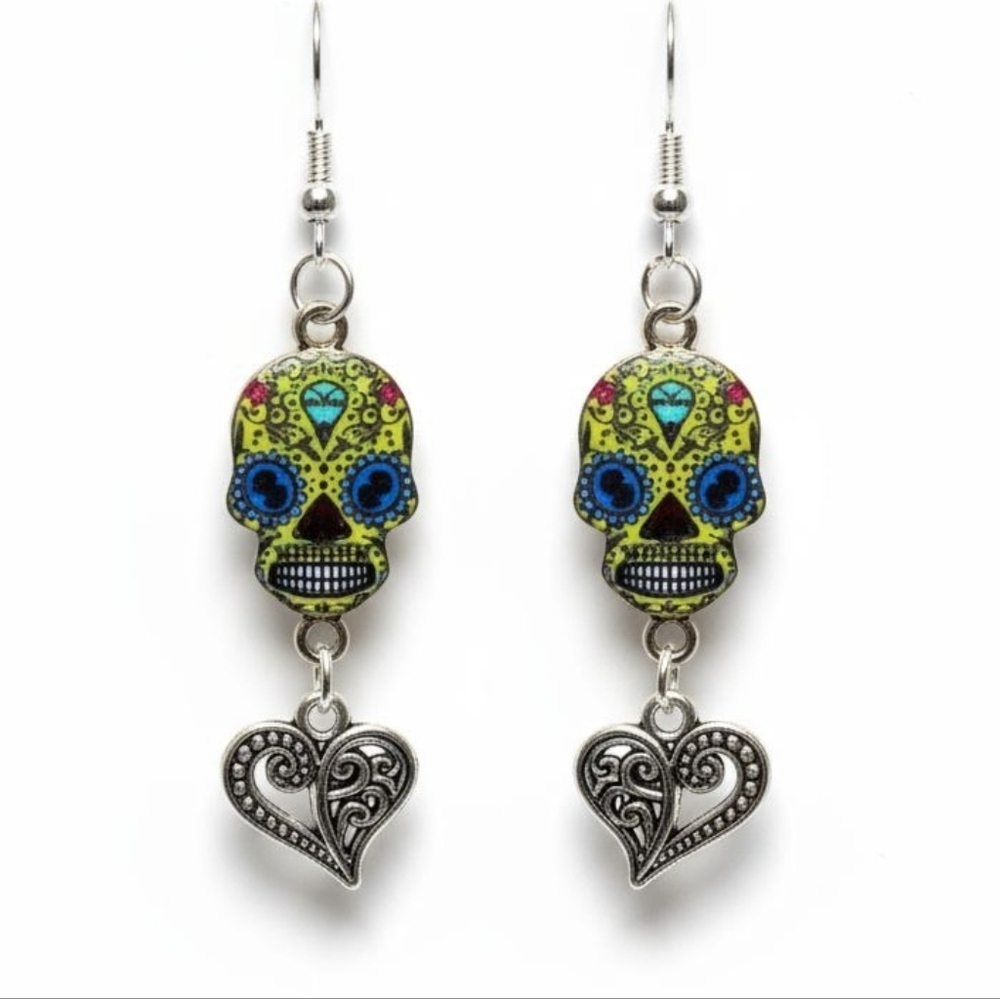 NWT Adorable Stainless Steel Sugar Skull Halloween Dangling Earrings!!